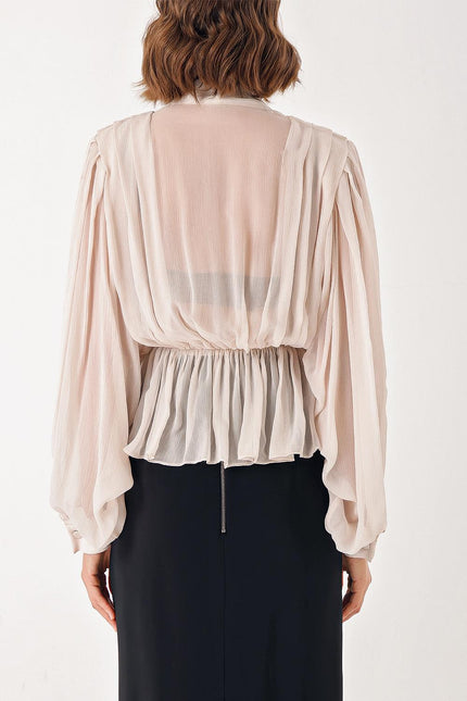 Beige Double-breasted, draped loose chiffon shirt 10829