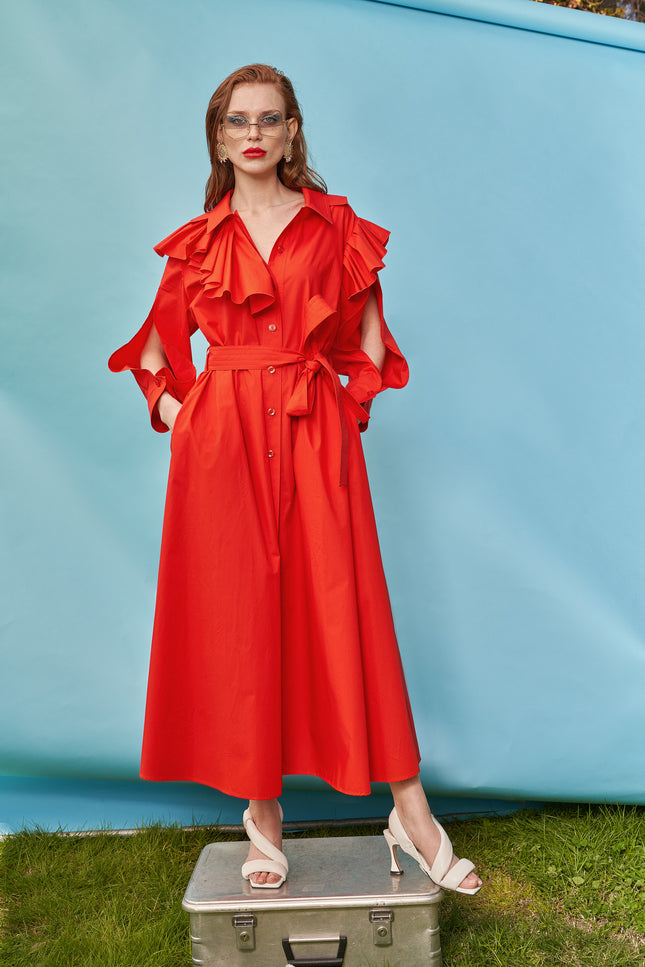 Red Ruffled neck shirt dress 93510