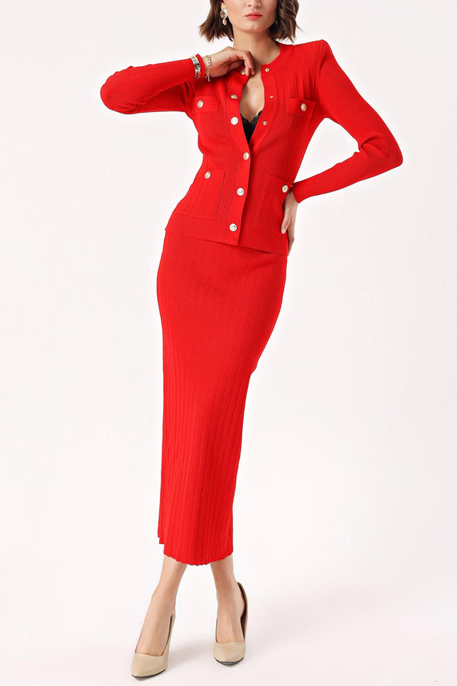 Red Button detailed cardigan and skirt suit 28879