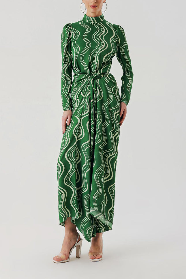 Patterned Long dress with a tied waist 94204