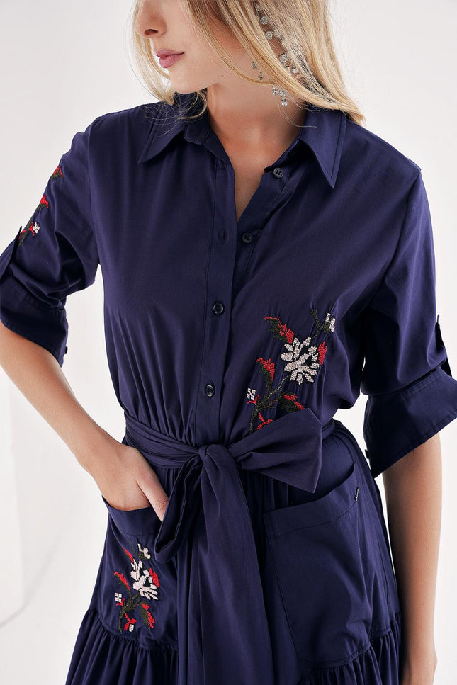 Navy Blue Taffeta embroidered maxi shirt dress 94497