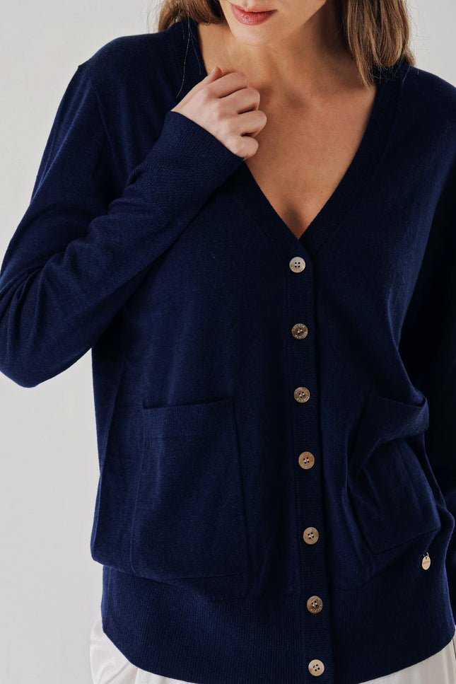 Navy Blue V-neck woolen long knit cardigan 28867