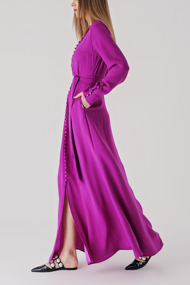 Purple Long belted dress with button detail 94407