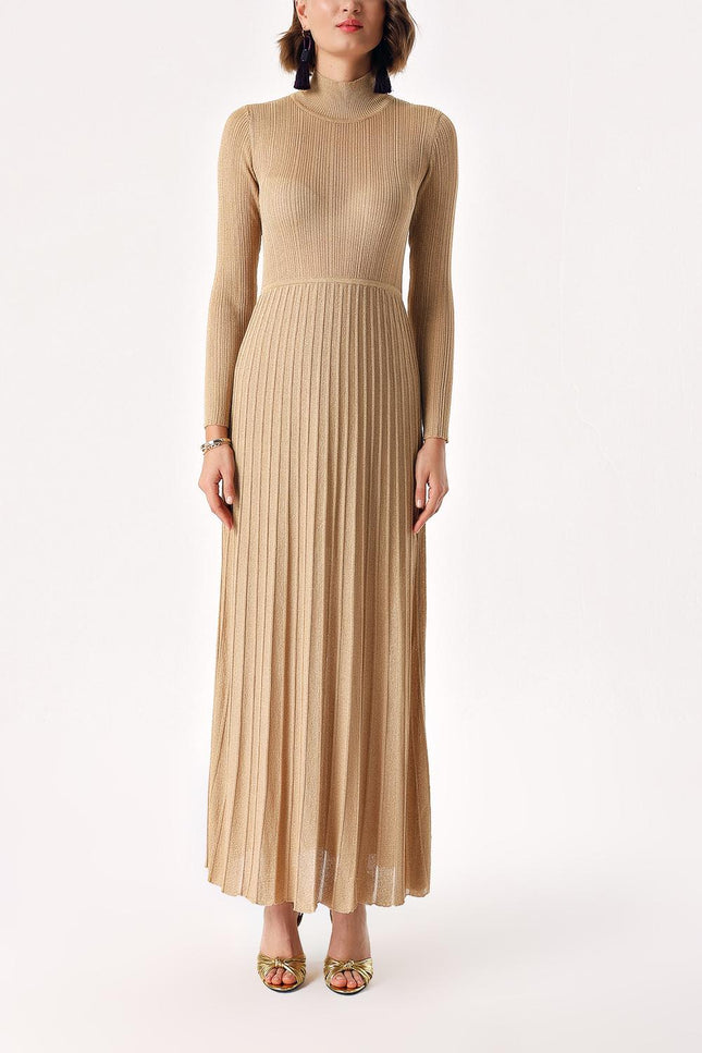 Beige High collar pleated skirt long knitwear dress 28848