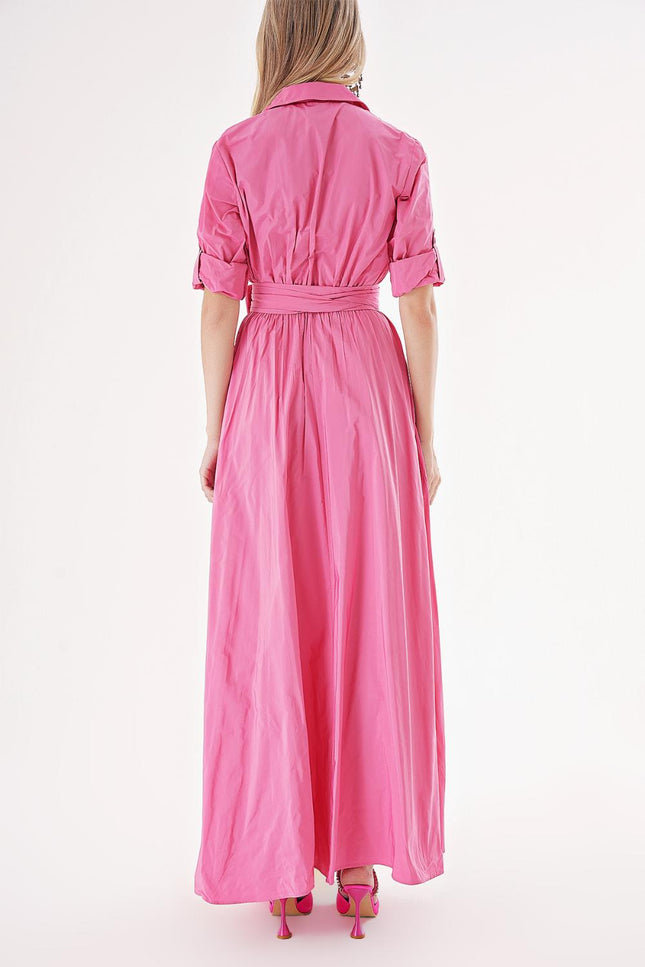 Pink Pleated maxi taffeta shirt dress 94198