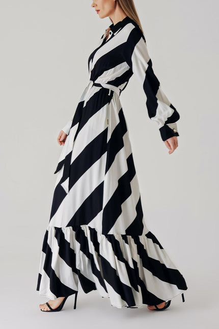 Black White Long dress with elasticated gathers at the waist 94289