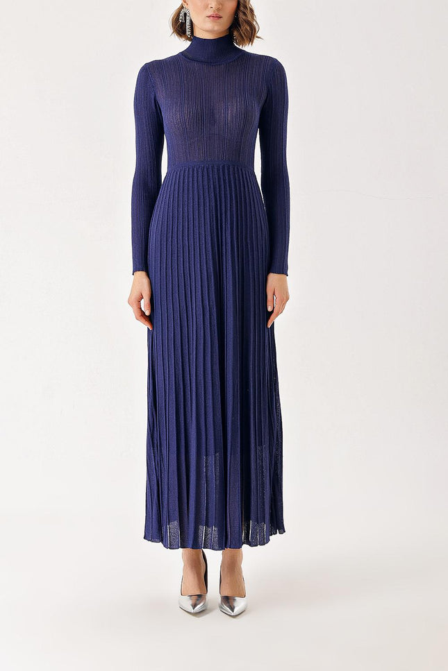 Navy Blue High collar pleated skirt long knitwear dress 28848