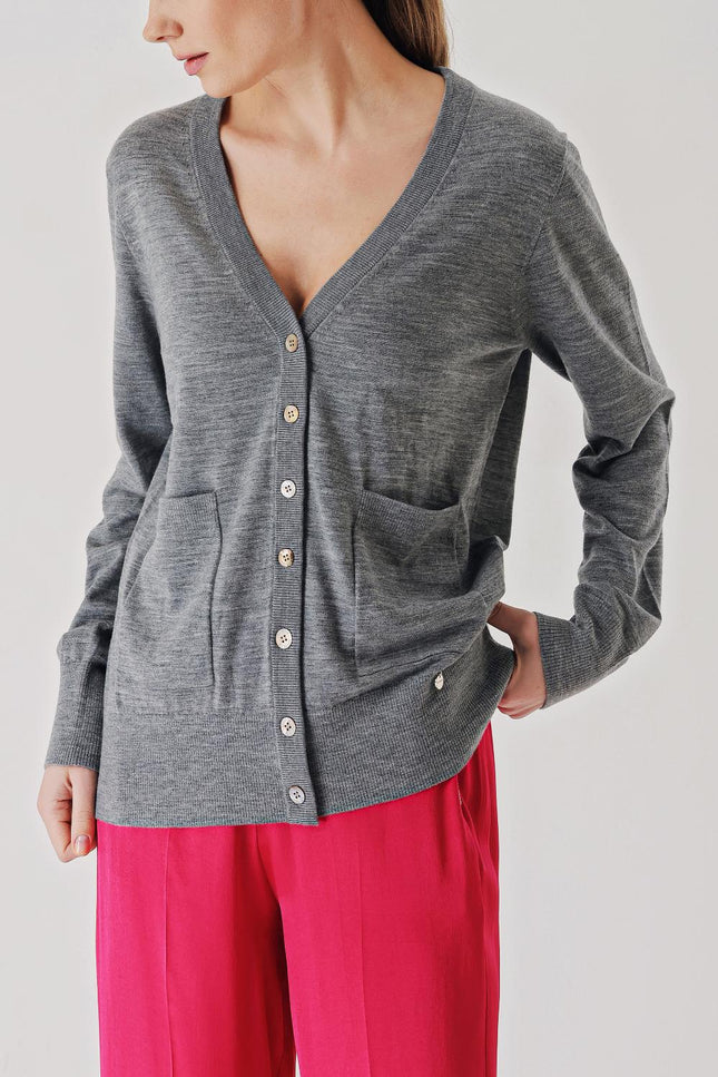 Gray V-neck woolen long knit cardigan 28867