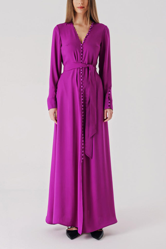 Purple Long belted dress with button detail 94407