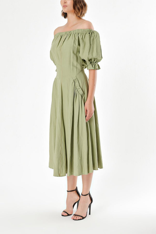 Green Off shoulder  elastic  linen dress  93569