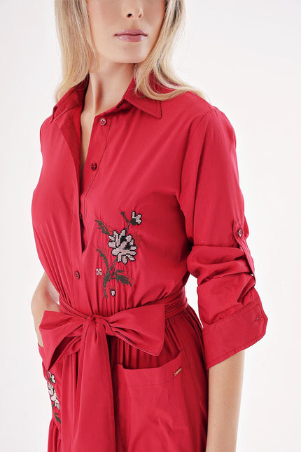 Red Taffeta embroidered maxi shirt dress 94497