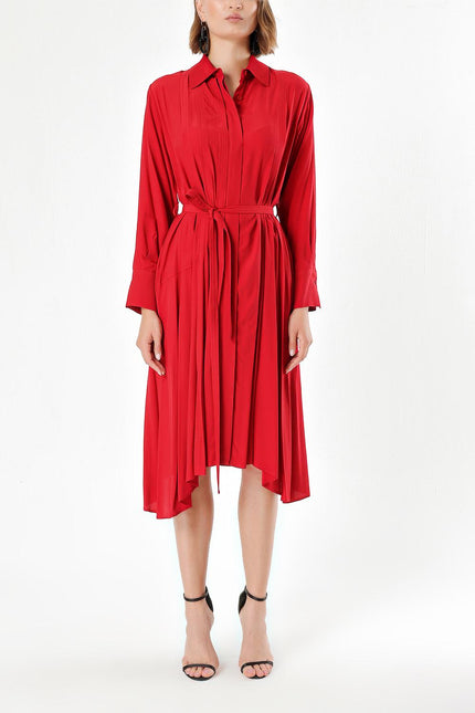 Red Wide cut pleat detail shirt dress 93828