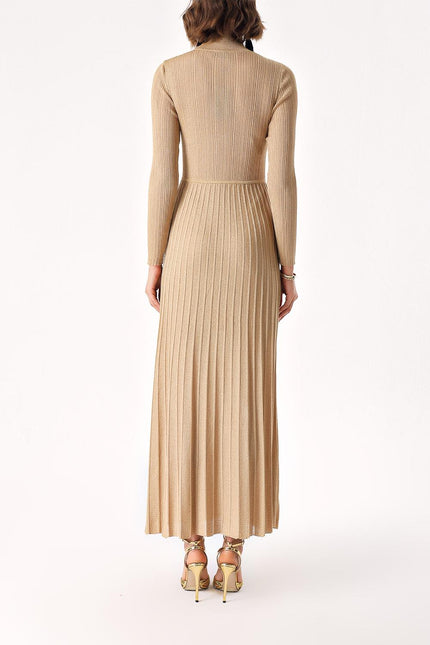 Beige High collar pleated skirt long knitwear dress 28848