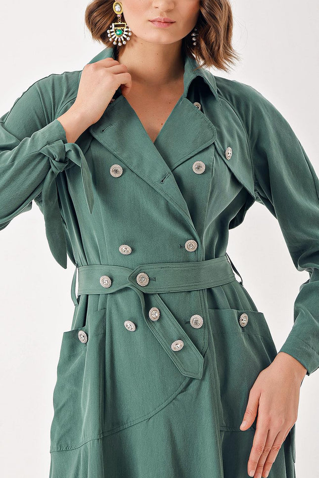 Green Long trench dress with crystal button detail 94400