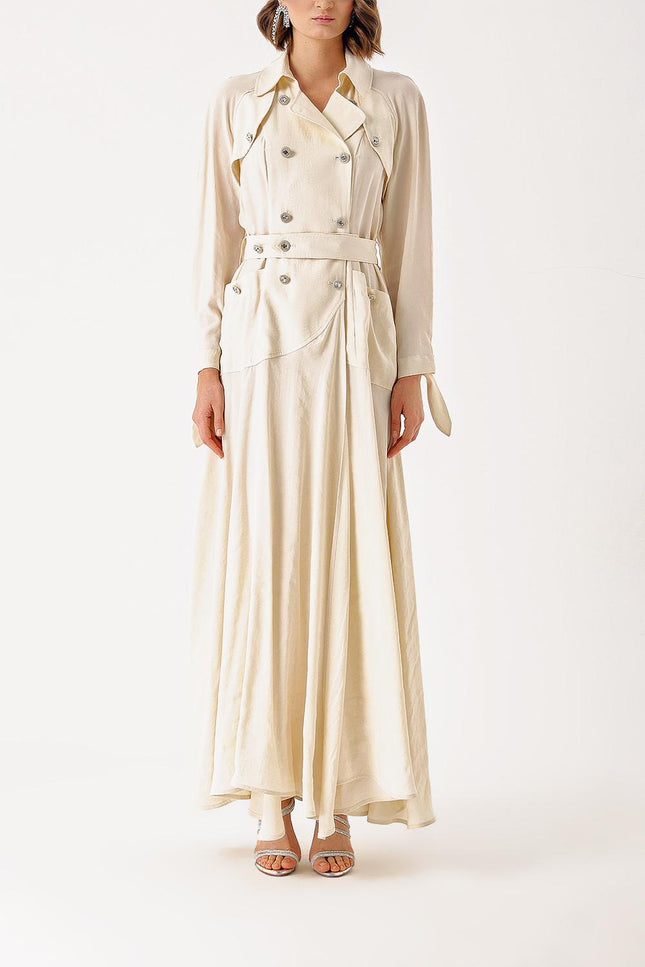 Ecru Long trench dress with crystal button detail 94400