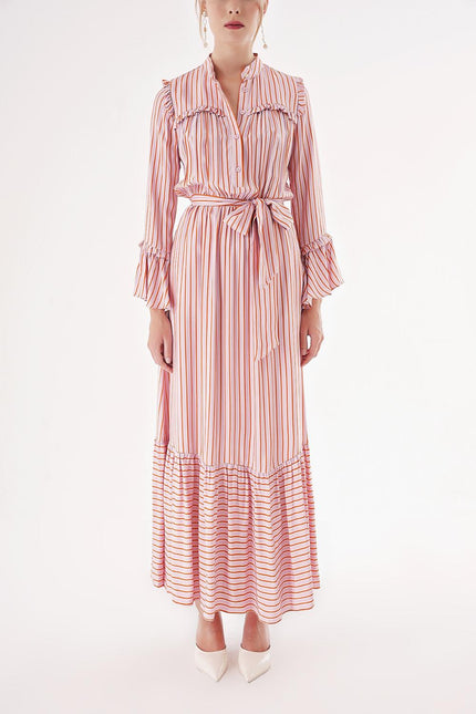 Striped Long dress with elasticated gathers at the waist 94541