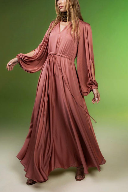 Salmon Lace-up long dress with slit sleeves 94463