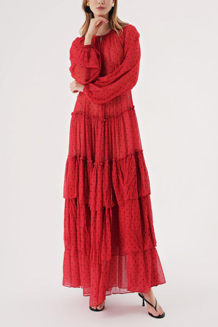 Red Gathered, relaxed fit, belted long dress 94515