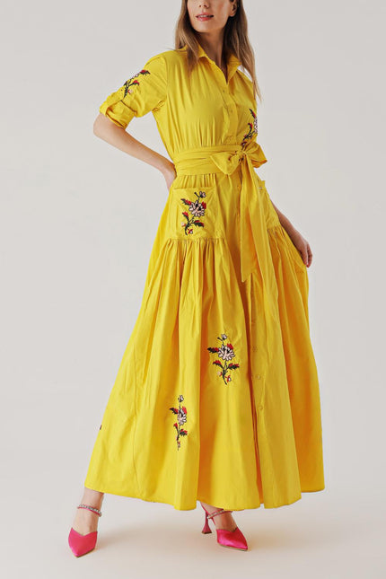 Yellow Embroidered maxi taffeta dress 94019