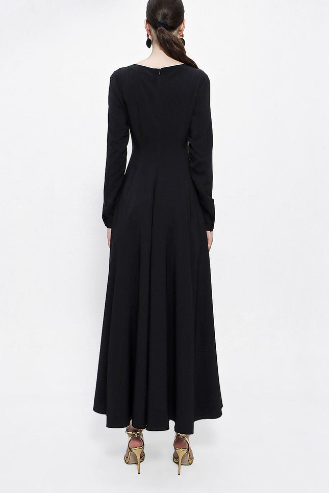 Siyah Bele Oturan Kuplu Uzun Elbise 94101