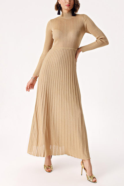 Beige High collar pleated skirt long knitwear dress 28848