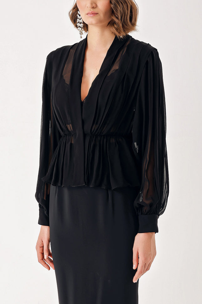 Black Double-breasted, draped loose chiffon shirt 10829