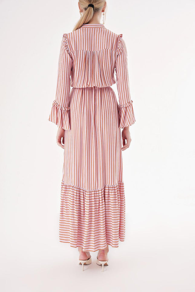 Striped Long dress with elasticated gathers at the waist 94541