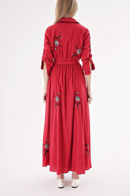 Red Taffeta embroidered maxi shirt dress 94497