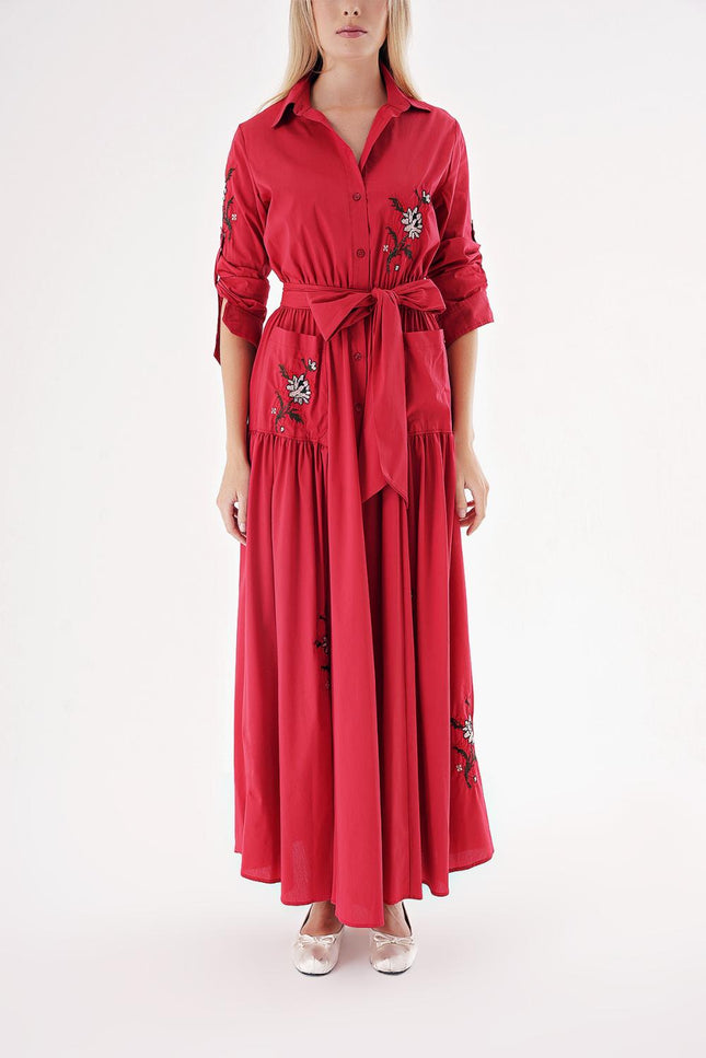 Red Taffeta embroidered maxi shirt dress 94497