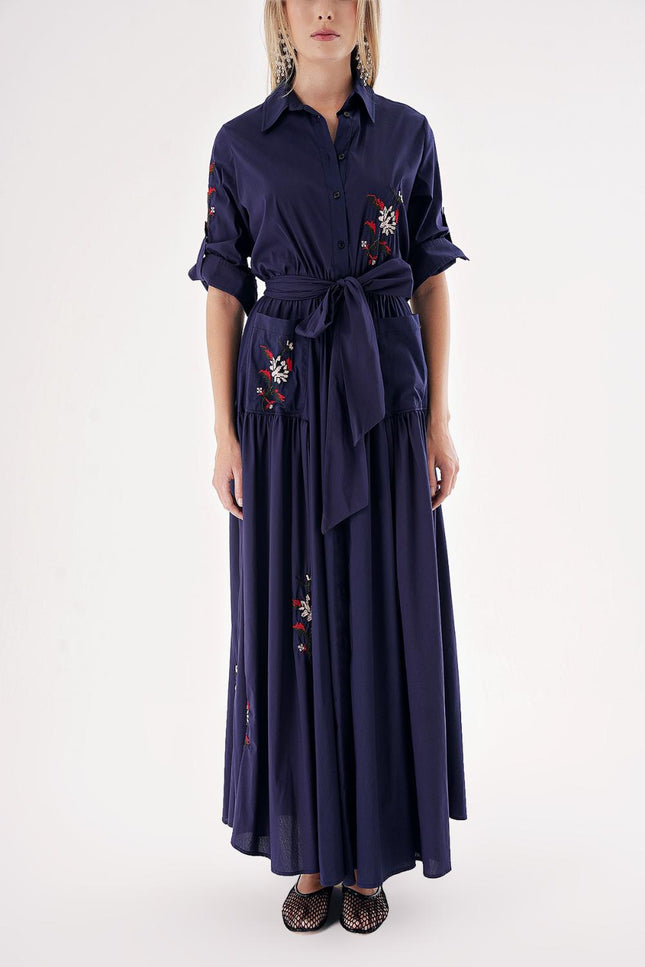 Navy Blue Taffeta embroidered maxi shirt dress 94497