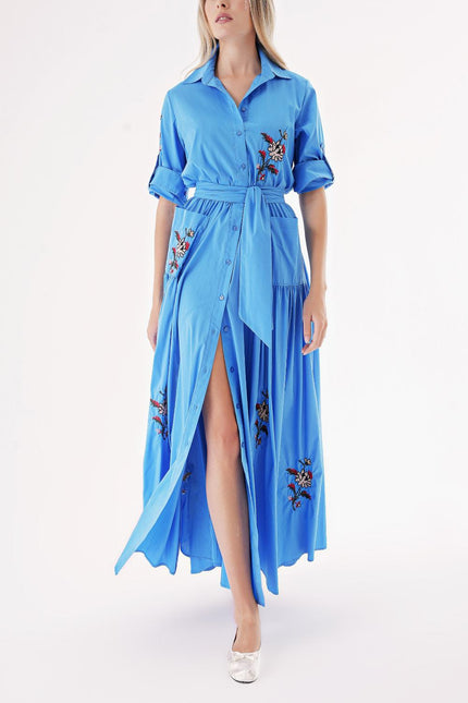 Blue Taffeta embroidered maxi shirt dress 94497