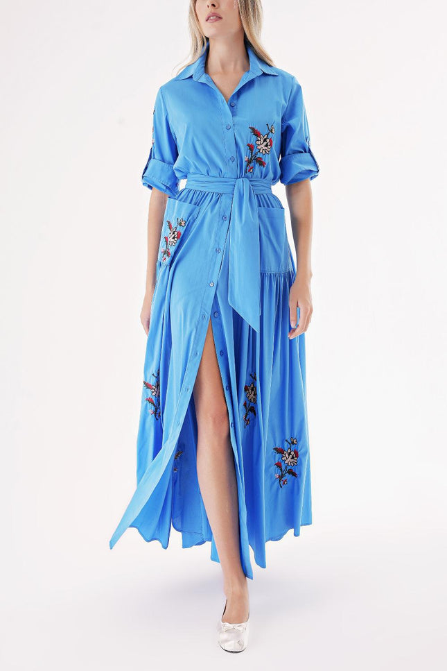 Blue Taffeta embroidered maxi shirt dress 94497